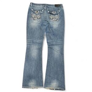 Y2K Warehouse One Bedazzled Flap Embroidered Faded Bootcut Low Rise Jeans
